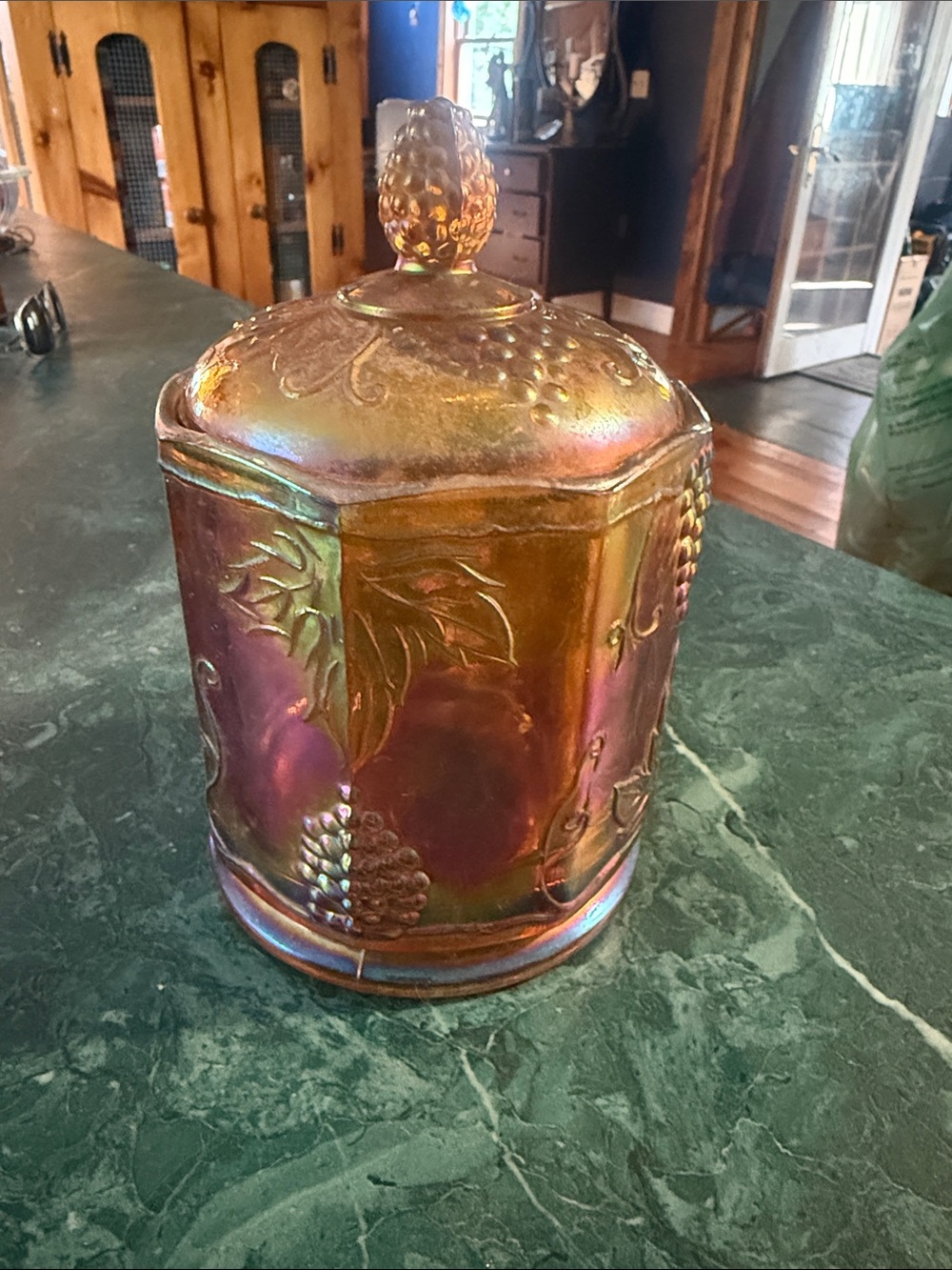 Iridescent Carnival Glass Decorative Canister in Gold and Amber Tones